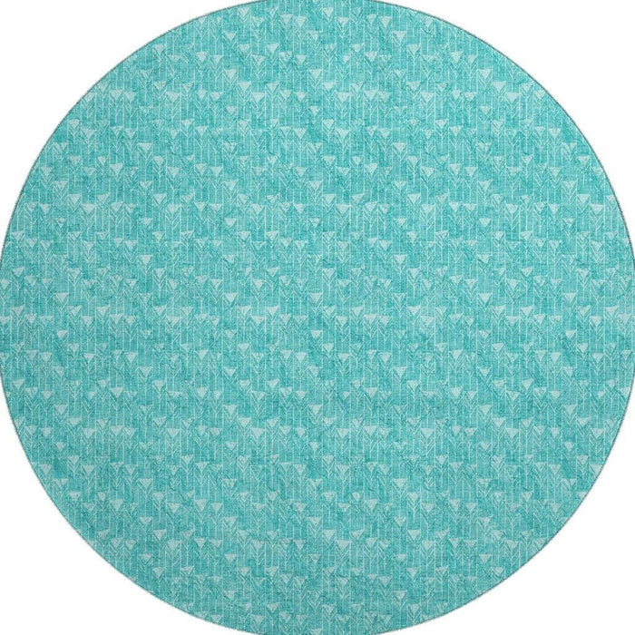 8' Geometric Washable Round Rug With UV Protection (647119) - Teal / Ivory
