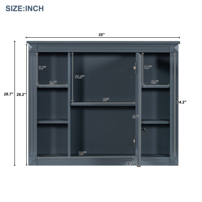 Giga wall-mounted bathroom medicine cabinet with mirror, 6 open shelves, and adjustable interior storage space.