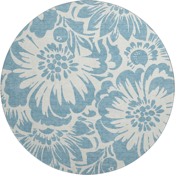 8' Floral Washable Round Rug With UV Protection (648637) - Denim Blue / Ivory