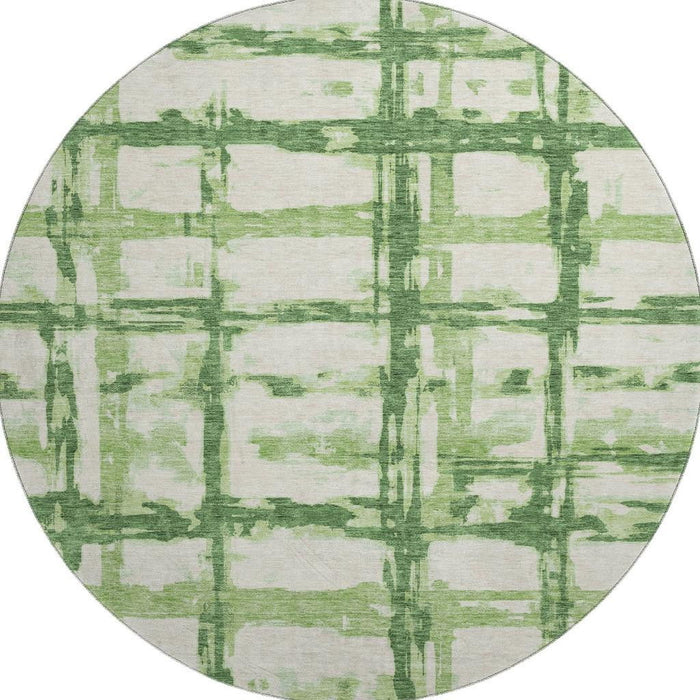 8' Striped Washable Round Rug Polyester With UV Protection - Green And Ivory