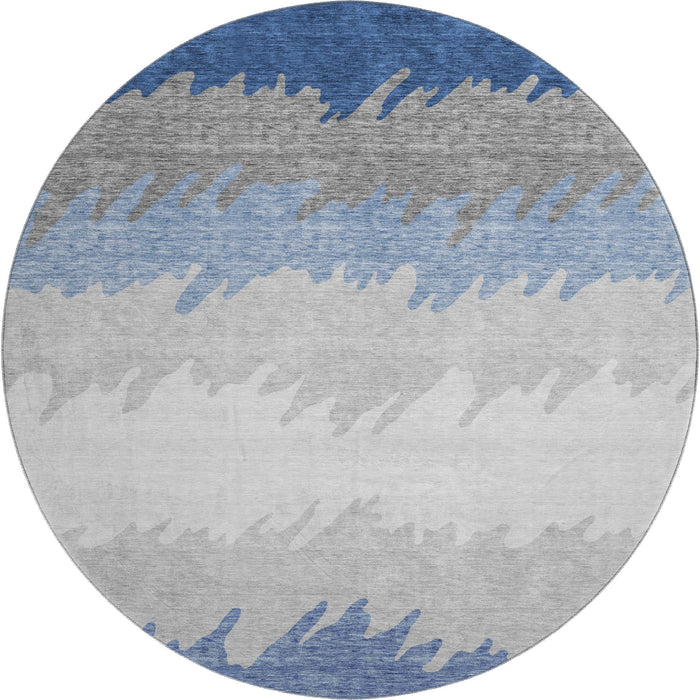 8' Transitional Striped Washable Round Rug With UV Protection - Navy Blue