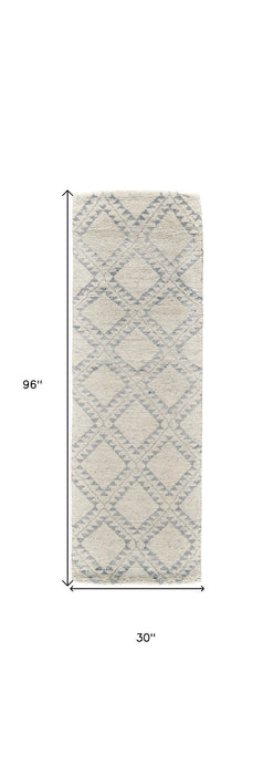 8' Geometric Hand Knotted Worn Faded Runner Rug - Gray And Ivory