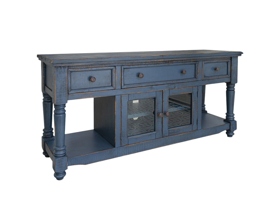 Solid Wood Open Shelving Distressed TV Stand - Blue
