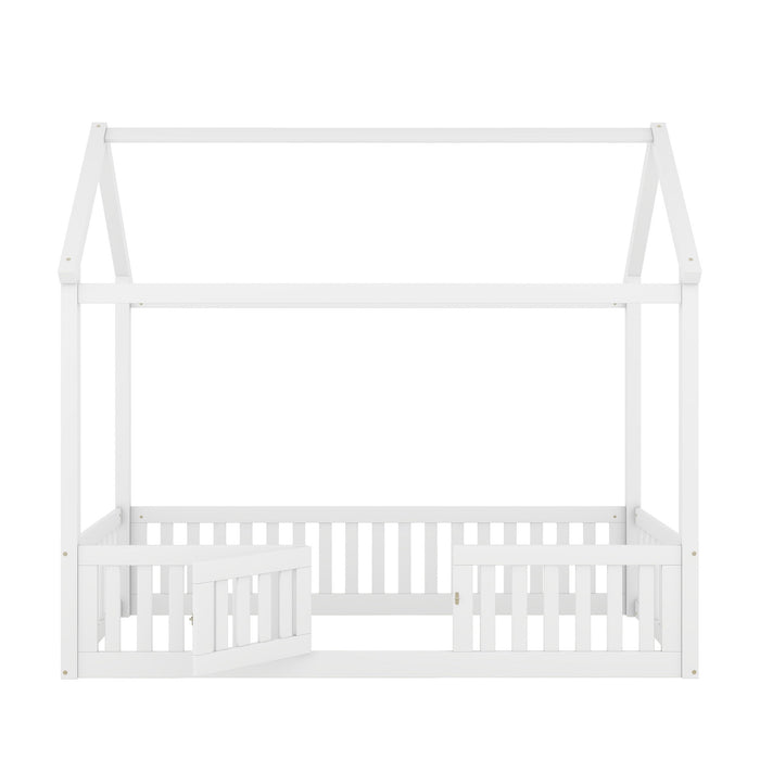 Giga wood house platform bed with fence and door, featuring a cozy wooden design suitable for children's bedroom decor.