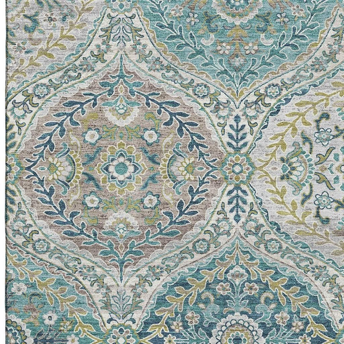 10' X 14' Floral Washable Area Rug With UV Protection (710304) - Teal / Ivory / Beige