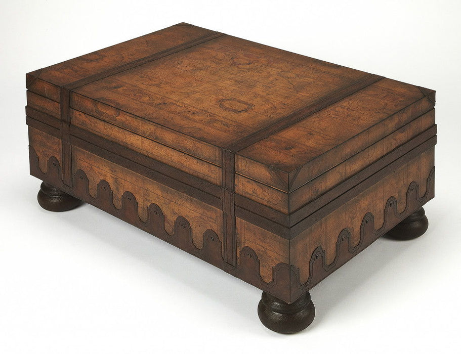 Light brown Old World Vintage Style Map Coffee Table by HomeRoots, featuring a detailed map design on a wooden surface.