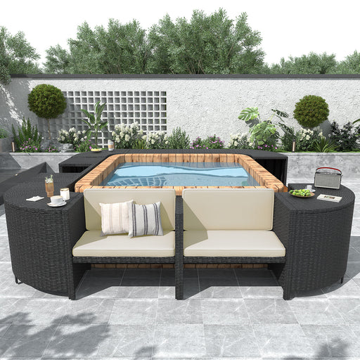 Giga Spa Surround outdoor rattan sectional sofa set with wooden seats, mini sofa, and built-in storage, perfect for outdoor relaxation.