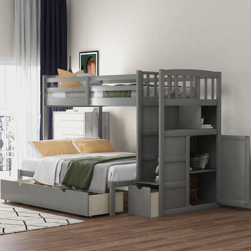 Giga bunk bed with convertible bottom bed, storage shelves and drawers, made of wood with safety railings and ladder.