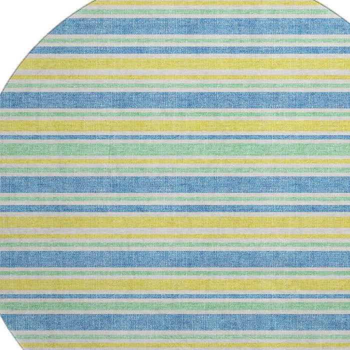 8' Striped Washable Round Rug With UV Protection (647893) - Yellow / Blue