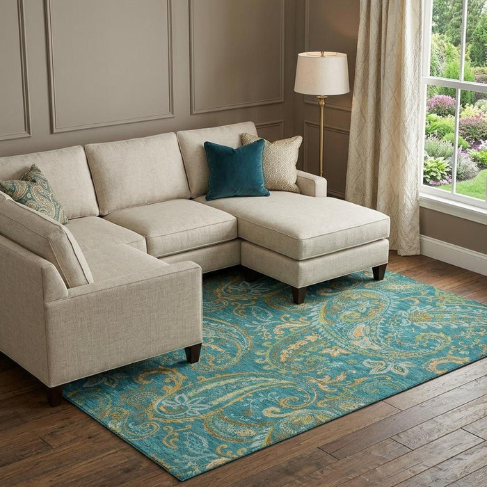 10' X 14' Paisley Distressed Washable Area Rug With UV Protection (648010) - Teal / Green / Gold