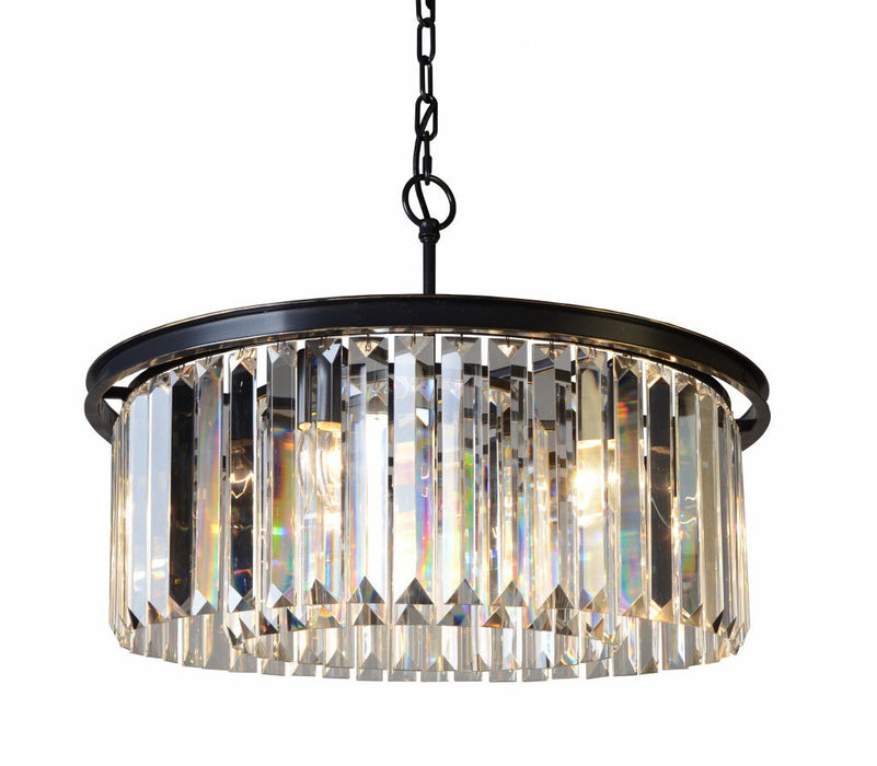 HomeRoots black six-light metal crystal glass chandelier with shades, featuring an elegant, modern design and intricate detailing.