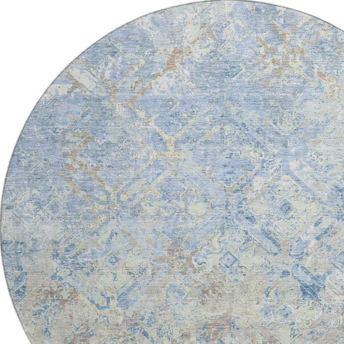 8' Diamond Washable Round Rug With UV Protection - Sky Blue