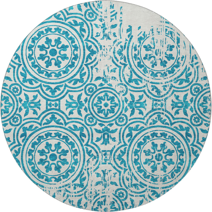 8' Medallion Washable Round Rug With UV Protection - Teal / Ivory
