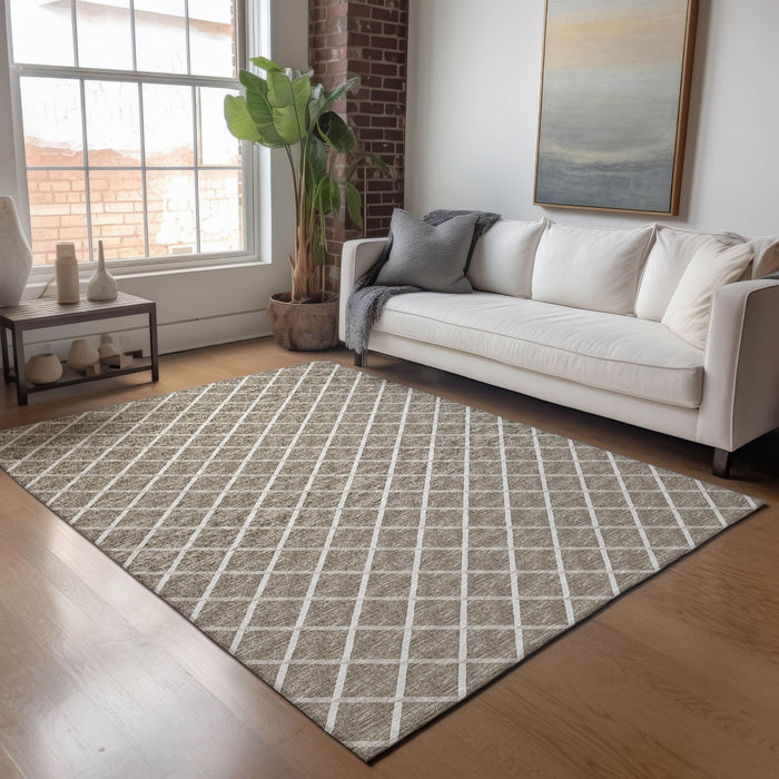 10' X 14' Geometric Washable Area Rug With UV Protection - Taupe / Ivory