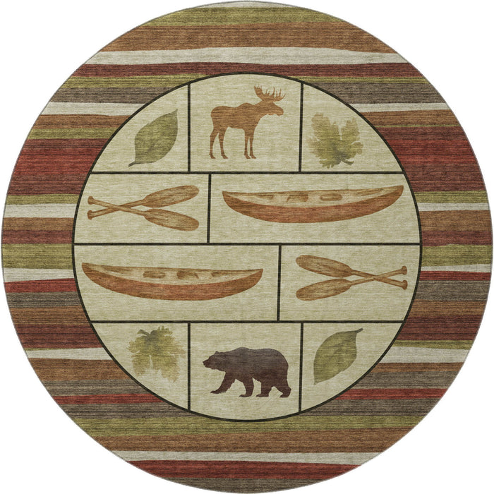 8' Animal Print Washable Round Rug With UV Protection - Brown / Rust