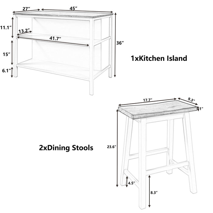 Rustic Giga 3-piece stationary kitchen island set with two seats and open shelves, ideal for dining and kitchen storage.