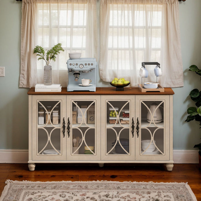 Giga elegant 4-door sideboard with tempered glass doors, showcasing a sleek wooden finish and modern design.