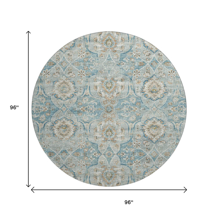 8' Floral Medallion Distressed Washable Round Rug With UV Protection (644583) - Persian Blue / Coffee / Ivory