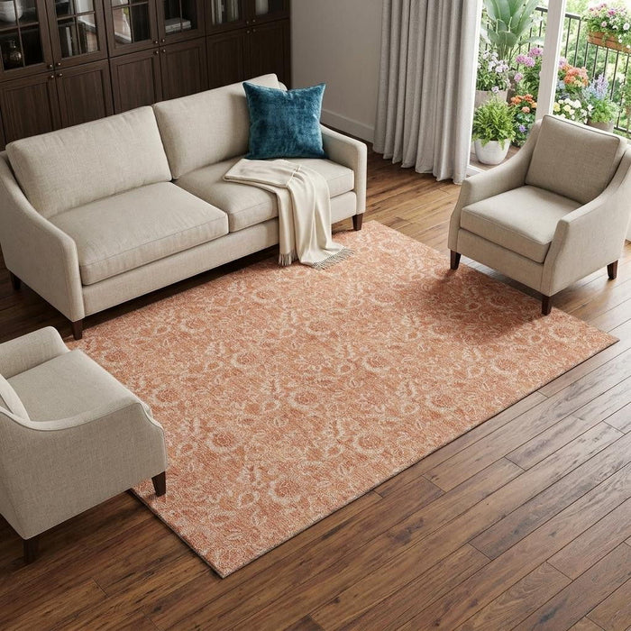 8' X 10' Floral Washable Area Rug With UV Protection (655148) - Salmon / Ivory