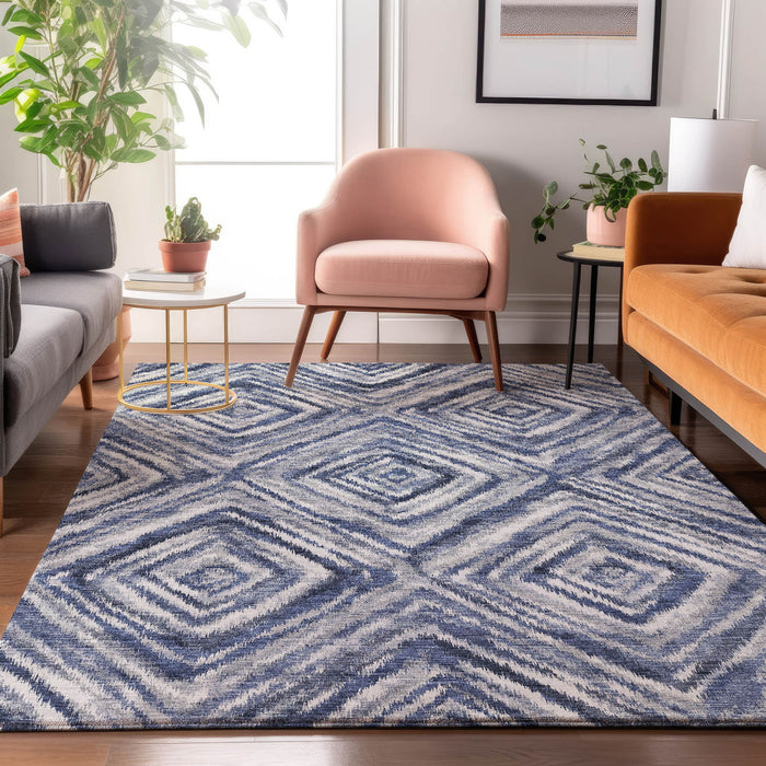 9' X 12' Geometric Washable Area Rug With UV Protection - Blue / Gray