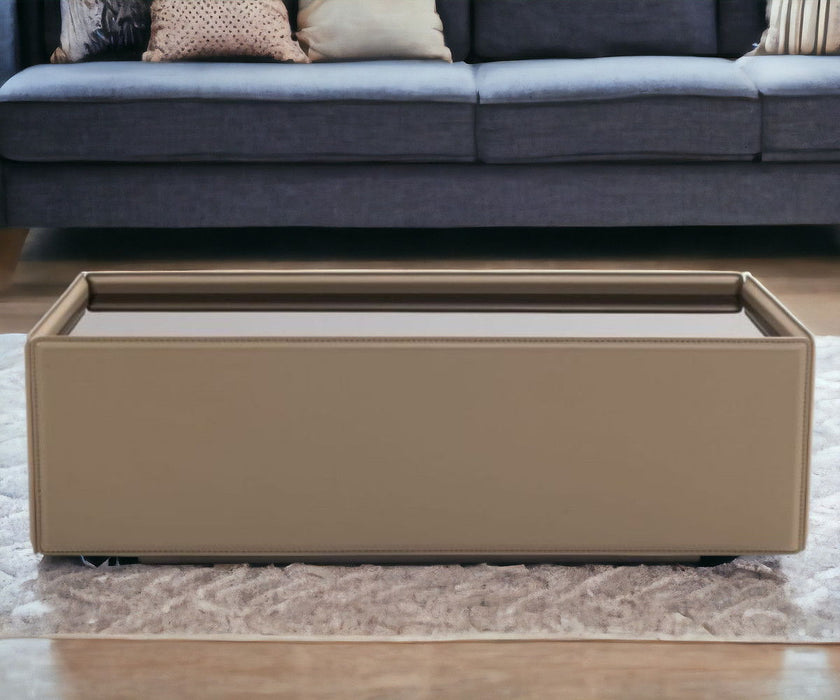 Faux Leather And Glass Rectangular Coffee Table - Beige And Black