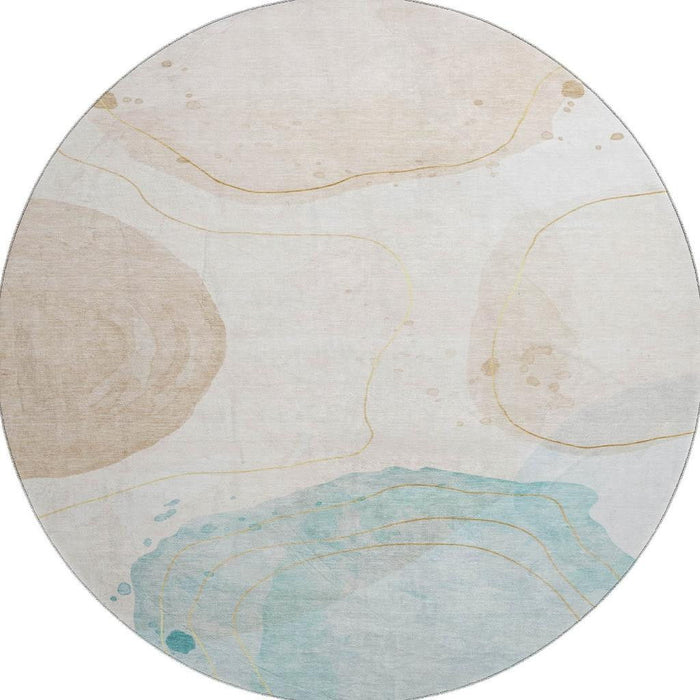 8' Abstract Washable Round Rug With UV Protection (648457) - Beige / Ivory / Teal