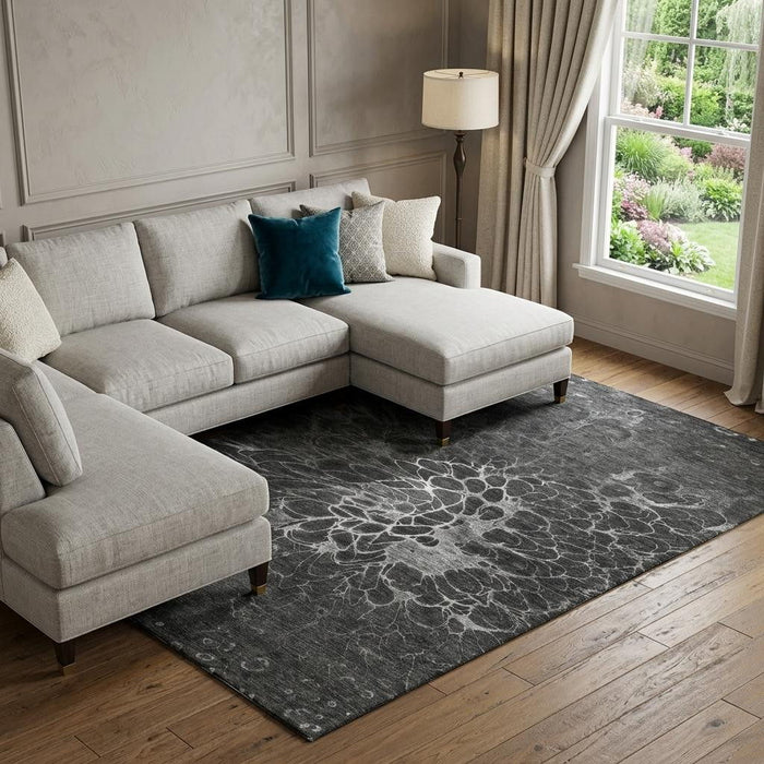 8' X 10' Abstract Washable Area Rug With UV Protection (654558) - Charcoal / Silver