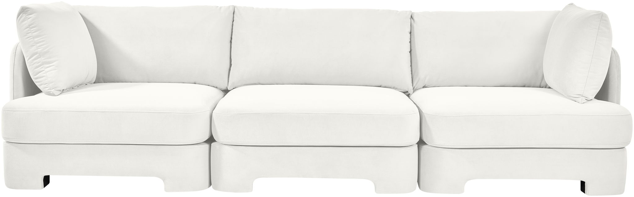 Meridian Furniture velvet performance fabric 3-piece stationary sectional sofa with plush upholstered cushions and modern design.