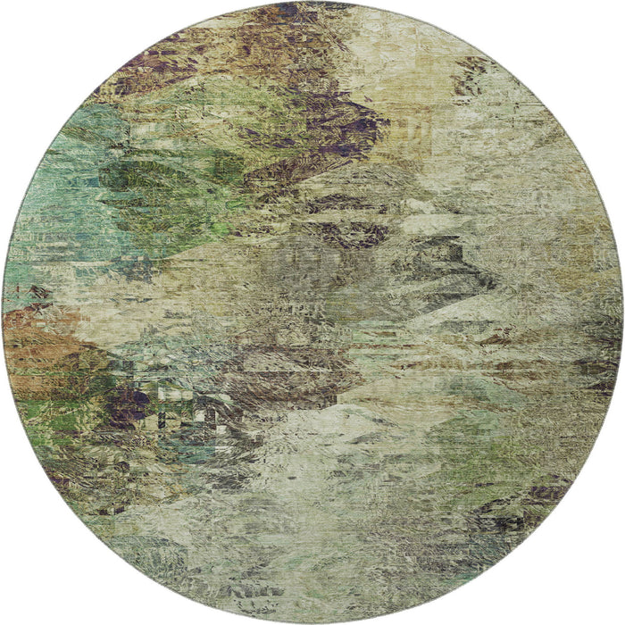 8' Abstract Washable Round Rug With UV Protection (650629) - Beige / Teal / Olive Green