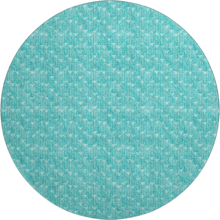 8' Geometric Washable Round Rug With UV Protection (647119) - Teal / Ivory