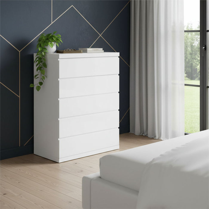 36 X 20 X 47 Gloss Stainless Steel 5 Drawer Chest - White
