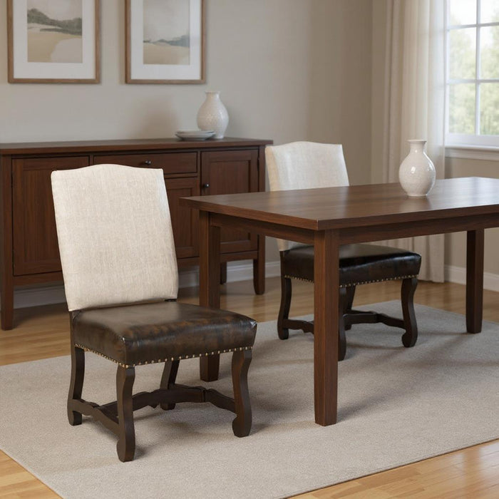 Wood Leather Linen Dining Side Chairs (Set of 2) - Dark Brown