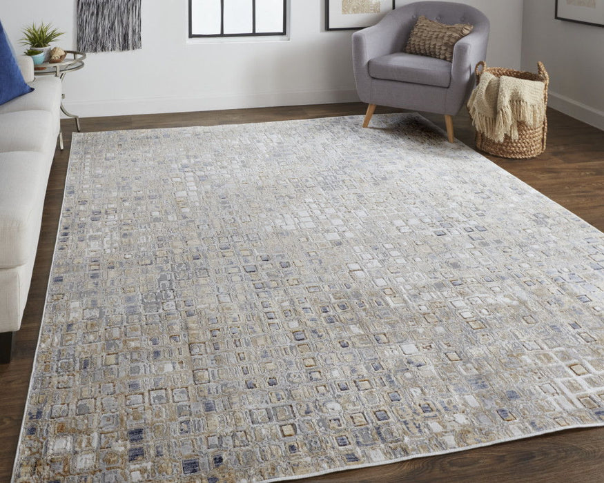 8' x 10' Geometric Power Loom Distressed Area Rug - Tan Ivory And Blue