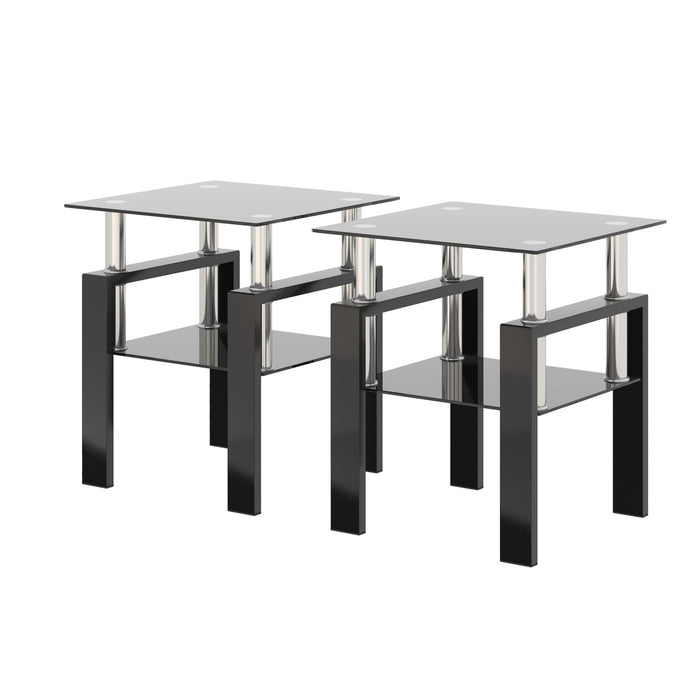 Set of two Giga modern black tempered glass end tables with square design, ideal for living room decor.