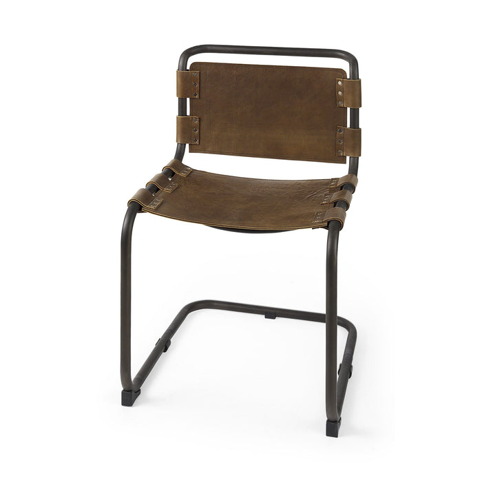Leather Metal Open Back Dining Side Chair - Brown