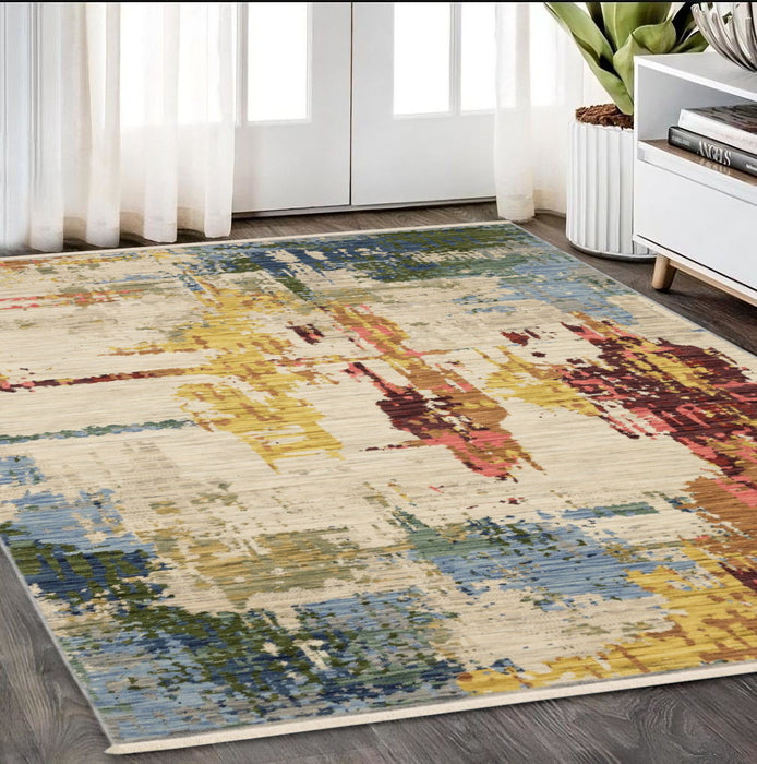 5' X 8' Modern Abstract Area Rug With Fringe - Beige