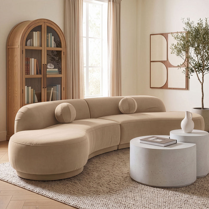 Meridian Furniture Avra 146-inch velvet performance fabric upholstered sectional sofa with plush cushions and modern design.