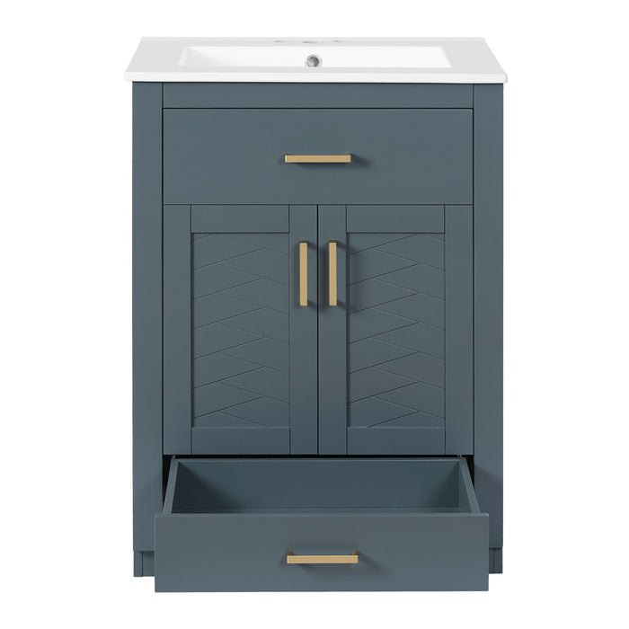 Giga modern bathroom vanity with integrated ceramic sink, two-door cabinet, and tip-out drawer in a sleek design