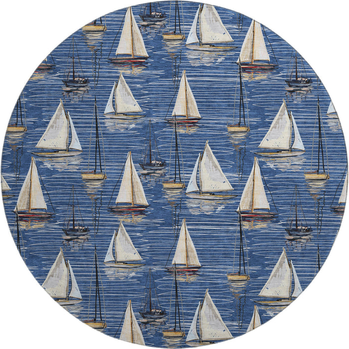 8' Nautical Washable Round Rug With UV Protection - Navy Blue