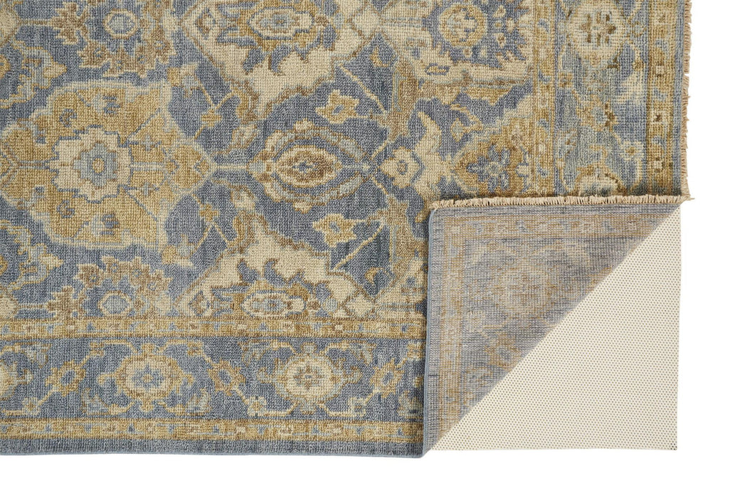 5' x 8' Wool Floral Hand Knotted Stain Resistant Area Rug With Fringe - Blue Gold And Tan