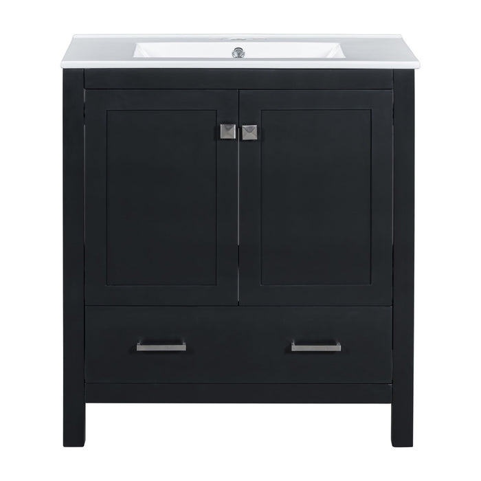 Giga bathroom vanity with single undermount sink, solid wood frame, two doors, a drawer, soft closing, and multifunctional storage