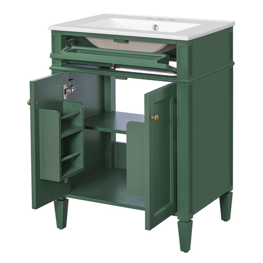Giga bathroom vanity with two doors, a tip-out drawer, and soft-closing hinges, showcasing modern cabinetry design.