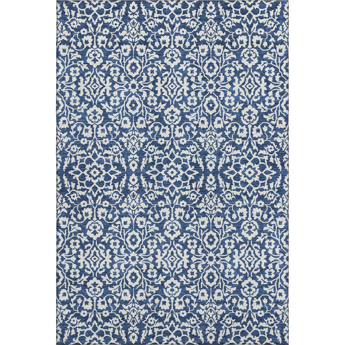 10' X 14' Damask Washable Area Rug With UV Protection (673151) - Navy Blue / Ivory