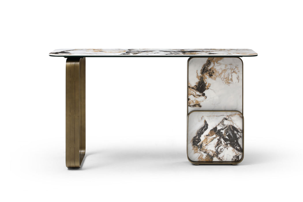 Ceramic Tile Metal Double Pedestal Console Table - White / Bronze