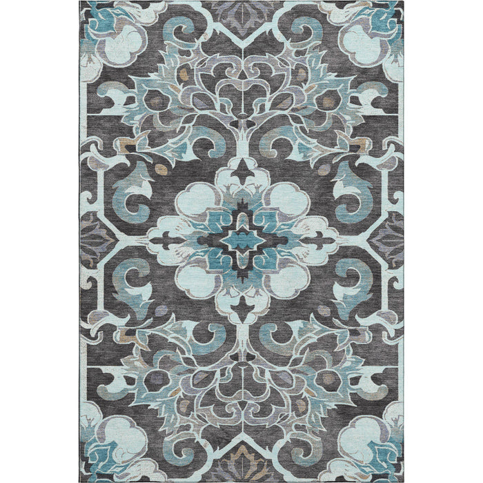 10' X 14' Floral Medallion Washable Area Rug With UV Protection (709090) - Teal / Charcoal / Gray