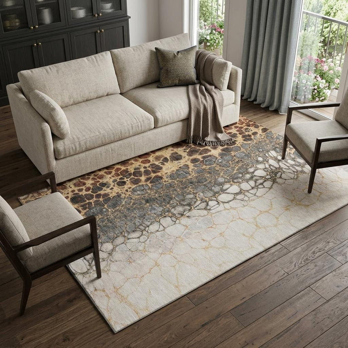 9' X 12' Abstract Distressed Washable Area Rug With UV Protection (657076) - Ivory / Gray / Gold