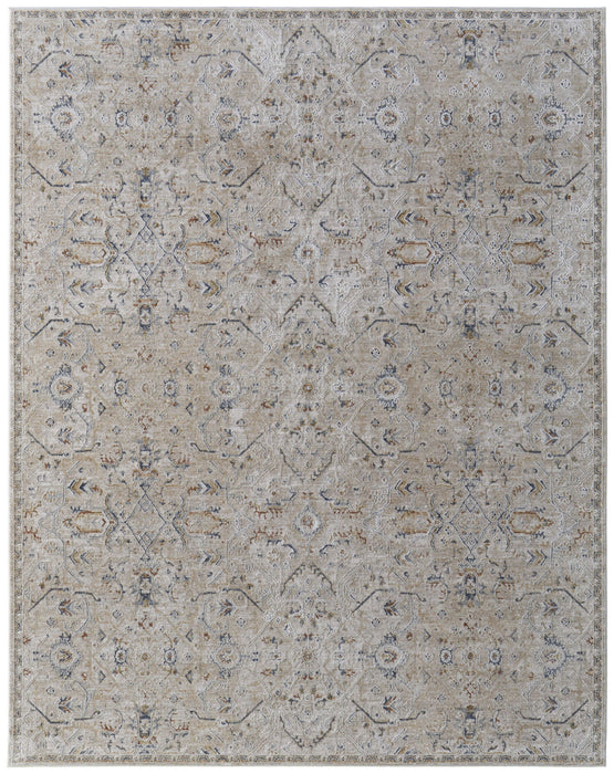 9' x 13' Abstract Power Loom Worn Faded Area Rug With Fringe - Ivory Taupe And Blue