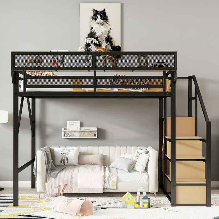 Giga queen size black wood loft bed with stairs, storage shelves, and wardrobe for space-saving bedroom organization.
