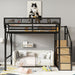 Giga queen size black wood loft bed with stairs, storage shelves, and wardrobe for space-saving bedroom organization.