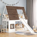 White and brown wood twin size house bunk bed with roof, ladder, and slide by Giga, featuring a cozy playhouse design and safety rails.